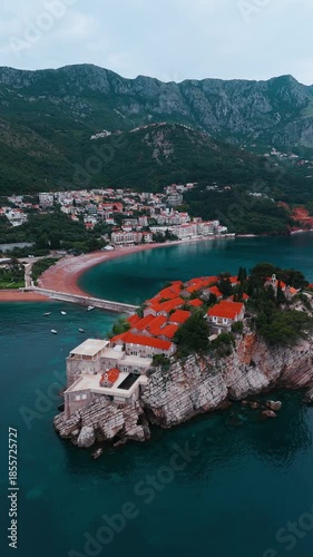 Sveti Stefan Island Beach aerial view in Montenegro