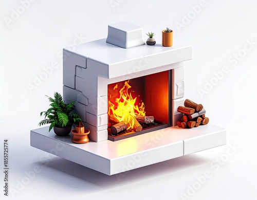 Isometric white fireplace with a bright fire, plants, and wood