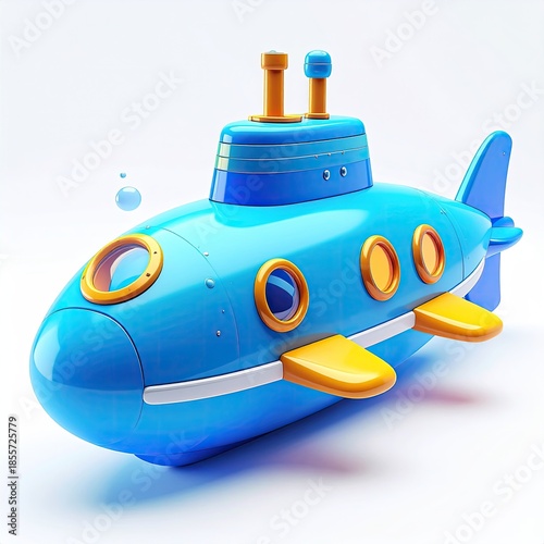 Bright blue cartoon submarine with windows, fins, and a yellow propeller