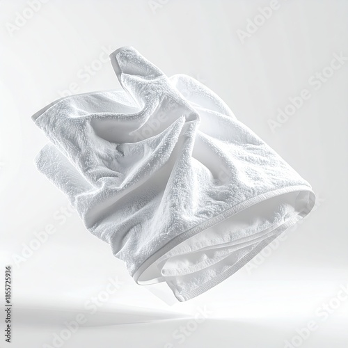 A fluffy, white folded towel floats in a soft, bright, neutral background