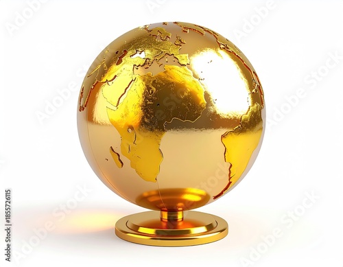 A gleaming gold globe, perched on a matching pedestal, against white