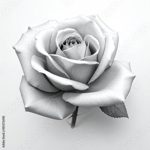 Grayscale studio shot of a perfectly bloomed rose, centered