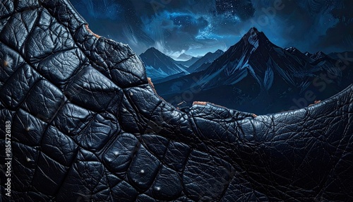 Dark dragon skin frames mountainous nightscape with stars
