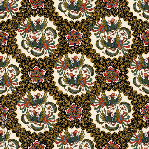 Traditional Javanese batik seamless pattern with symbolic rooster motif, floral ornaments, and classic colors. Ideal for textile, fabric, wallpaper, fashion, and cultural designs.