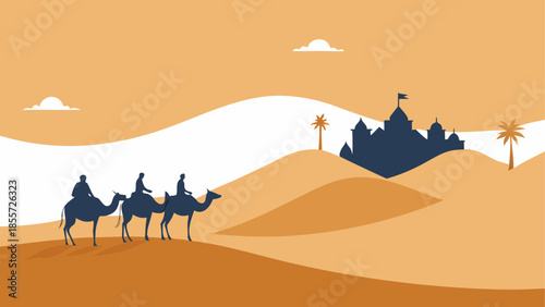 Vibrant cartoon desert landscape with towering red rock formations under a bright blue sky