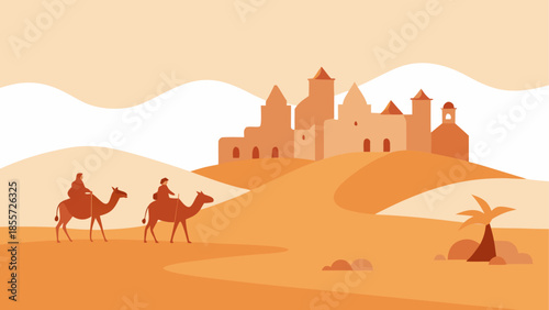 Vibrant cartoon desert landscape with towering red rock formations under a bright blue sky