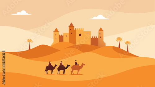Vibrant cartoon desert landscape with towering red rock formations under a bright blue sky
