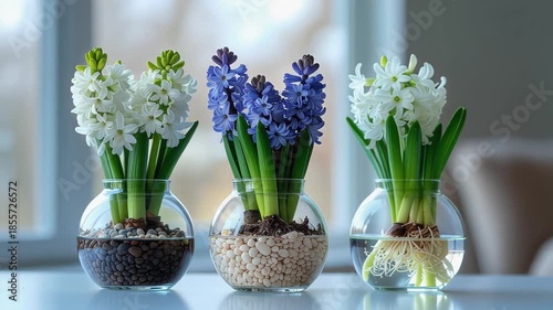 Three blooming hyacinth plants in decorative glass vases, showcasing indoor spring growth
