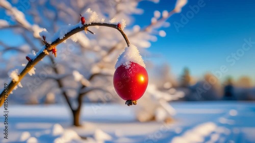 Close-up of a vibrant red berry on a snow-covered branch in a sunny winter landscape