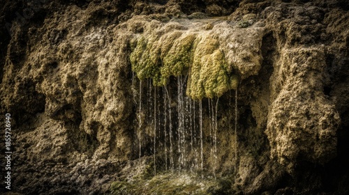 Water cascading down the textured, mineral-rich surface of a natural rock formation