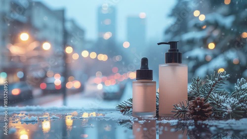 Skincare Essentials Displayed in Snow, Festive Winter City Evening Atmosphere