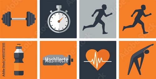 Collage of nine fitness icons on orange, gray, and black backgrounds with various exercise and health symbols.