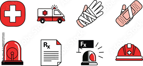 Collection of medical icons including ambulance, bandaged hand, first aid symbols, and emergency signs on a white background.