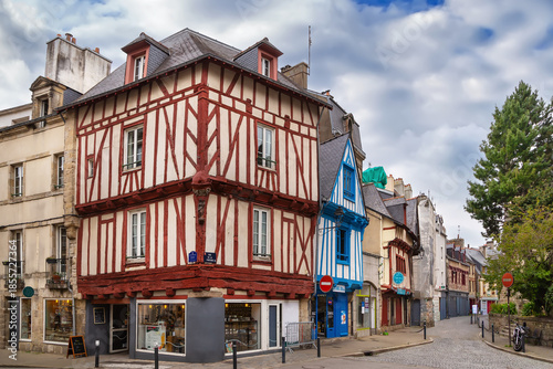 Street with historical half-timbered house in Vannes, France