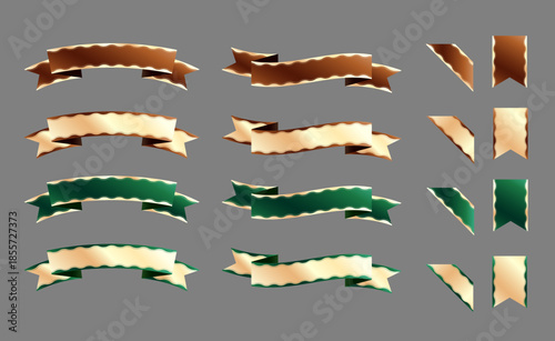 ブロンズとグリーンのメタリックなリボンバナーとコーナーラベルのセット。波状の縁取りが施された高級感のある飾り枠。ギフトや記念日、プロモーションに最適なベクター素材。