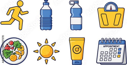 A flat lay of colorful icons representing healthy lifestyle choices, including exercise, hydration, nutrition, and time management, against a clean white background with a bright and