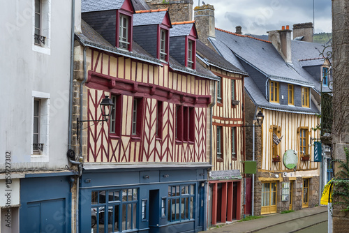 Street with historical half-timbered house in Vannes, France
