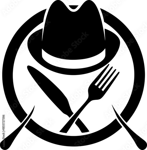 heft hat with spoon and fork inside silhouette vector icon , black and white , white background
