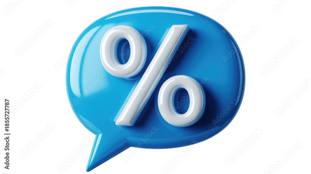 Obraz premium Glossy blue speech bubble with white percentage symbol on a clean isolated background representing d
