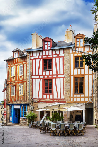 Street with historical half-timbered house in Vannes, France