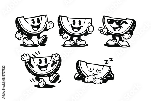 Retro Cartoon Watermelon Characters in Various Poses