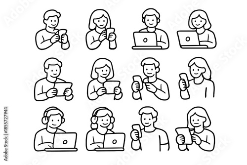 Collection of stylized cartoon icons of people using digital devices