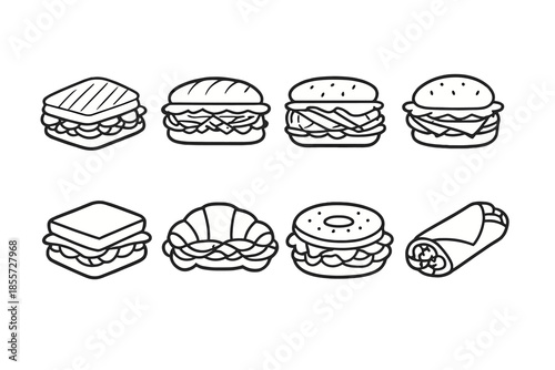 Outline Icons of Sandwiches and Burgers