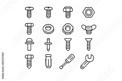 Set of icons representing various fasteners and tools