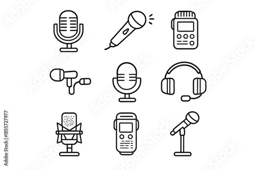 Set of 9 audio recording equipment icons on gray background