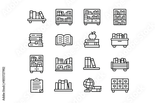 Collection of book and library icons on grey background