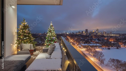 Decorated apartment balcony with illuminated trees and a snowy city skyline at night