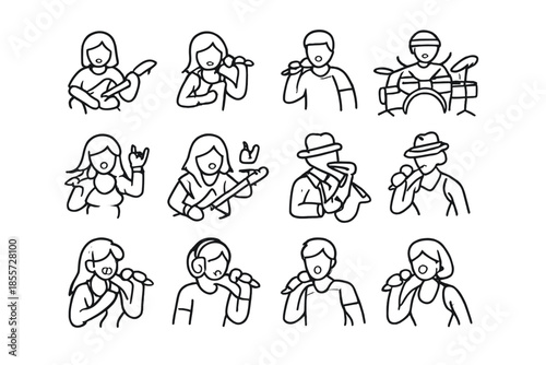 Set of 12 Music Icons in White Outline Style