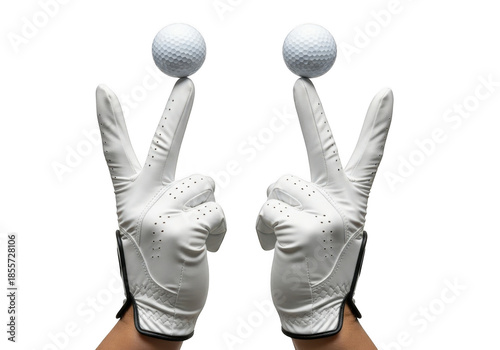 Two golf balls balanced on fingers isolated on transparent background