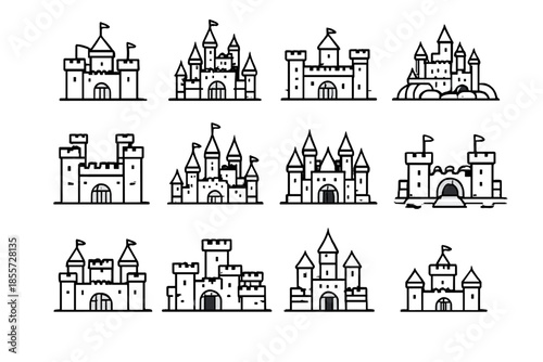 Collection of twelve white line art castles on a dark gradient background
