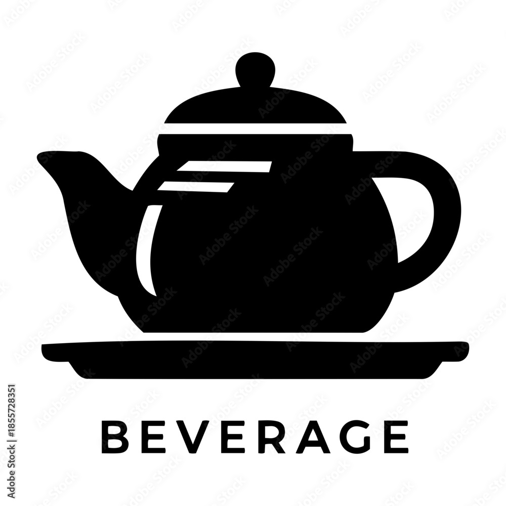 Obraz premium Minimalist black teapot silhouette on saucer with beverage text for cafe menu and kitchen signage