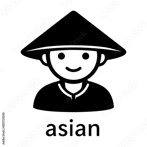 Minimalist black white vector icon of a smiling person wearing a traditional Asian conical hat.