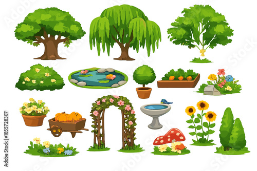 Whimsical garden elements collection on green background