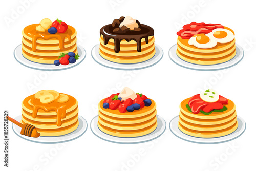 Six stacks of pancakes with various toppings and a glowing effect