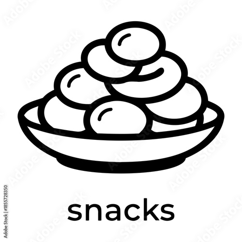 Minimalist Black and White Line Art Icon of a Bowl Filled with Delicious Round Snacks