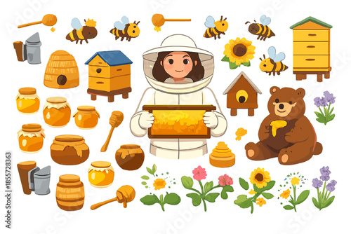Cute Beehive and Beekeeper Scene with Bear