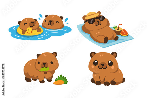 Four Cute Cartoon Capybaras in Different Poses