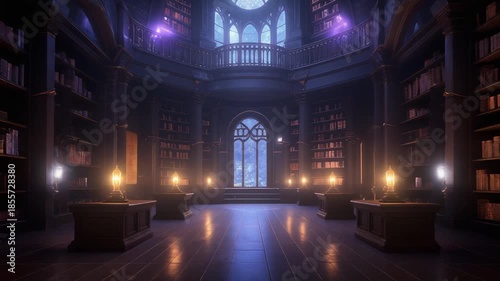 Mystical Grand Library Interior with Glowing Lamps and Ancient Books, a Magical Study Hall Illustration