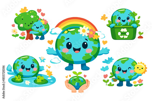 Cute cartoon planets hugging and interacting with nature