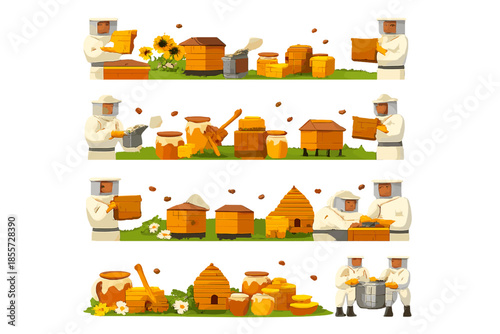 Beekeepers tending to hives and collecting honey