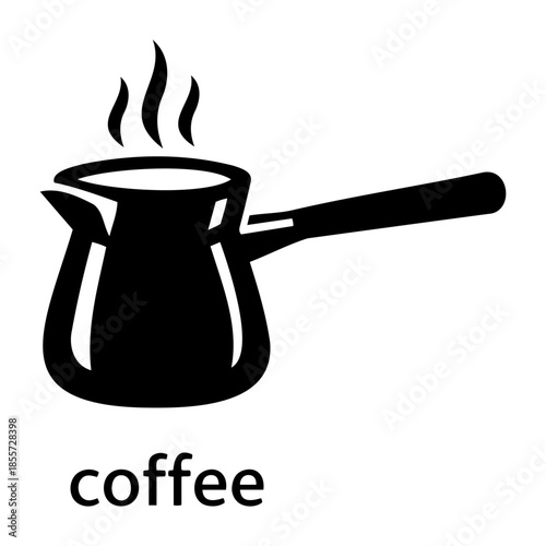 Minimalist black silhouette icon of traditional Turkish coffee pot with rising steam and text label