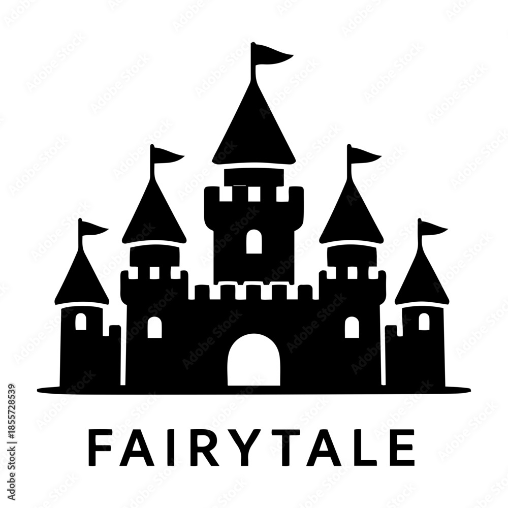 Obraz premium Minimalist black fairytale castle silhouette icon with towers and flags for fantasy storybook branding and design.