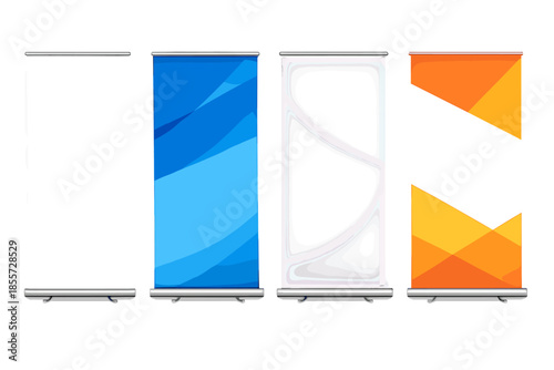 Four professional pull-up banner stands with different graphic designs