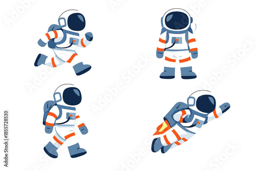 Four cartoon astronauts in different poses on a dark background