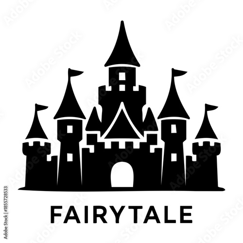 Enchanted fairytale castle silhouette with multiple towers and flags for magical fantasy and storybook designs