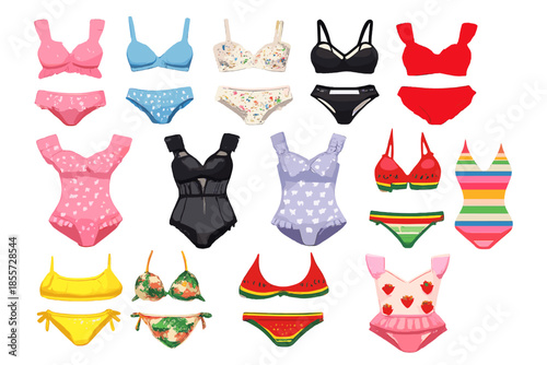 Assortment of colorful swimwear and lingerie on a gradient background